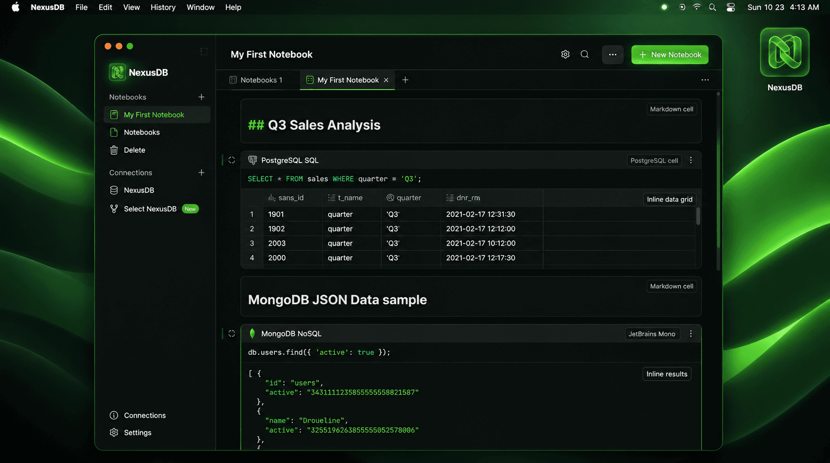 NexusDB workspace showing multiple database connections across engines