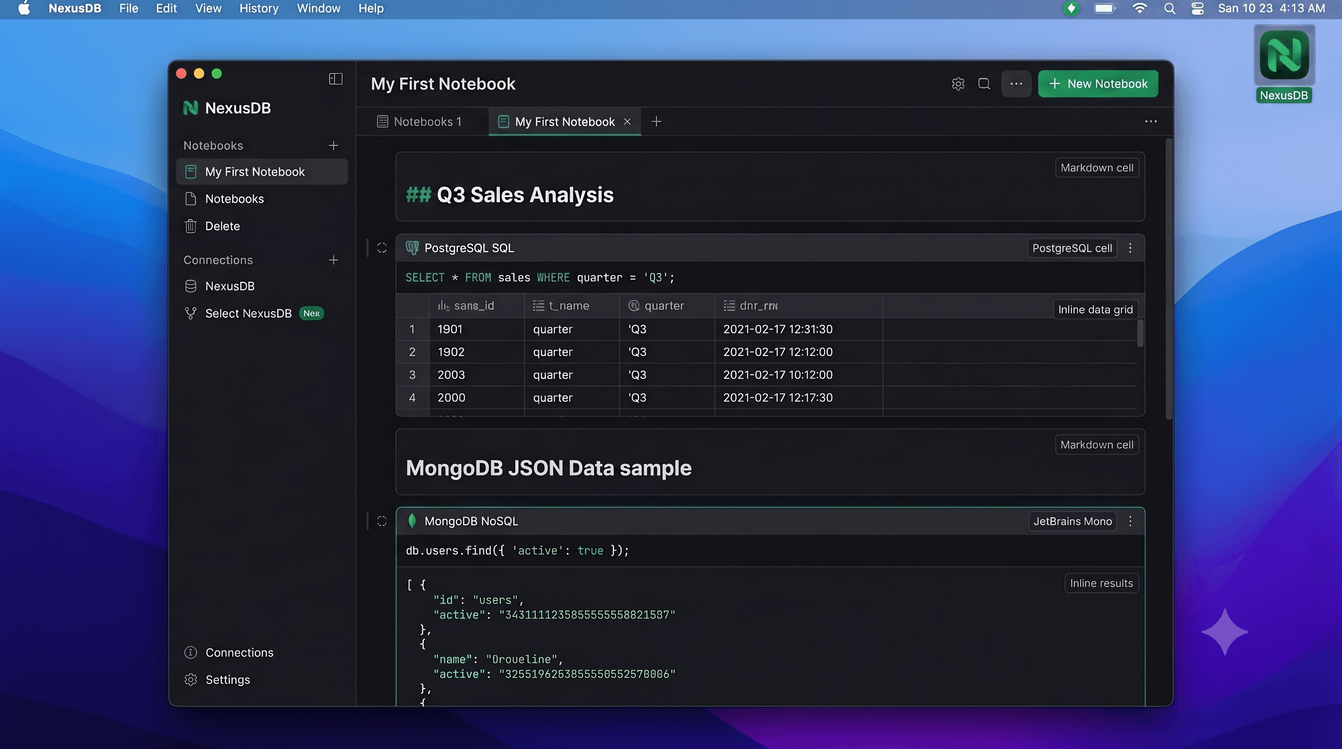 NexusDB workspace showing multiple database connections across engines